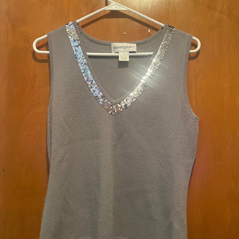 Bloomingdale's Gray Sequin V-Neck Top